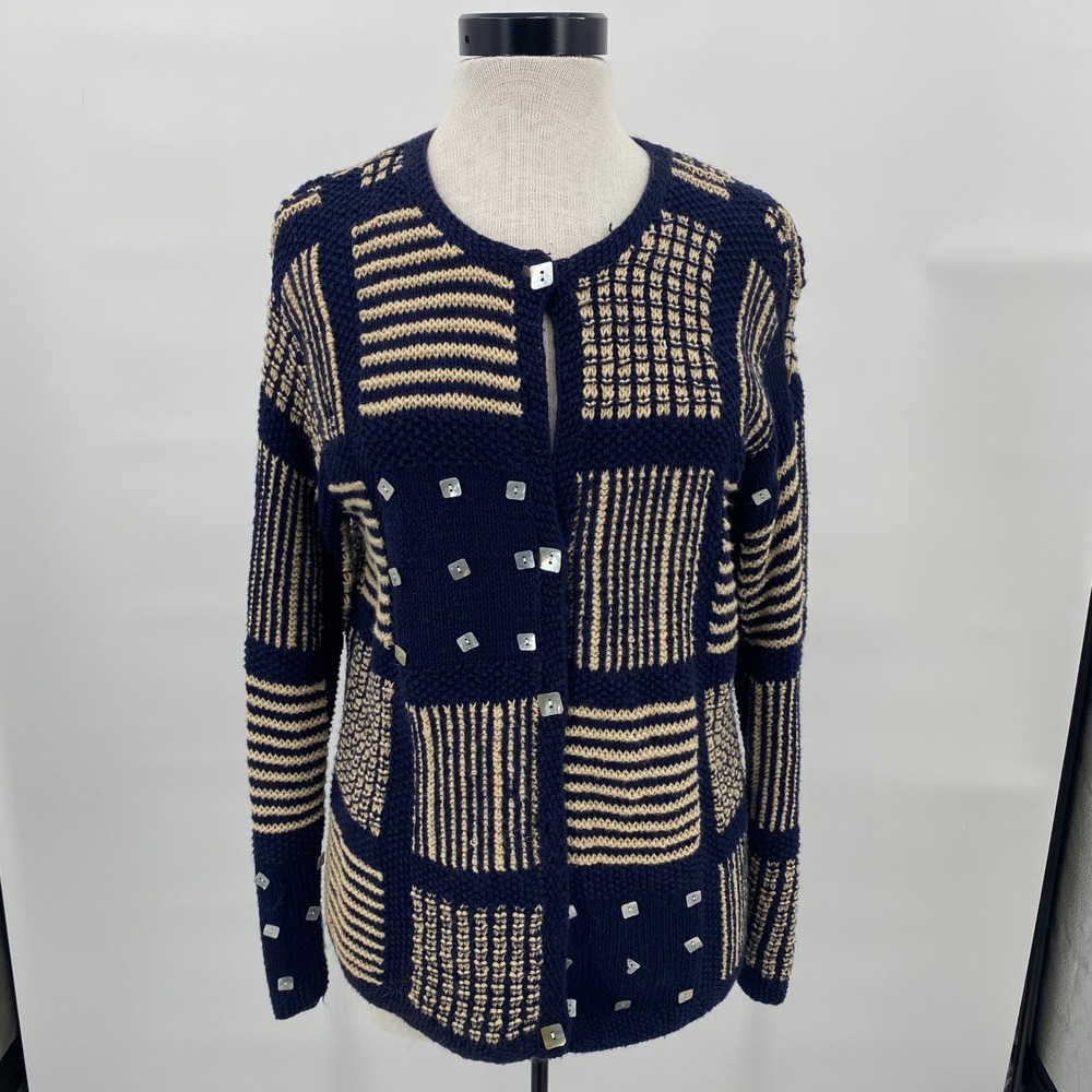 Vintage Talbots Hand Knit Patchwork Cardigan Navy… - image 4